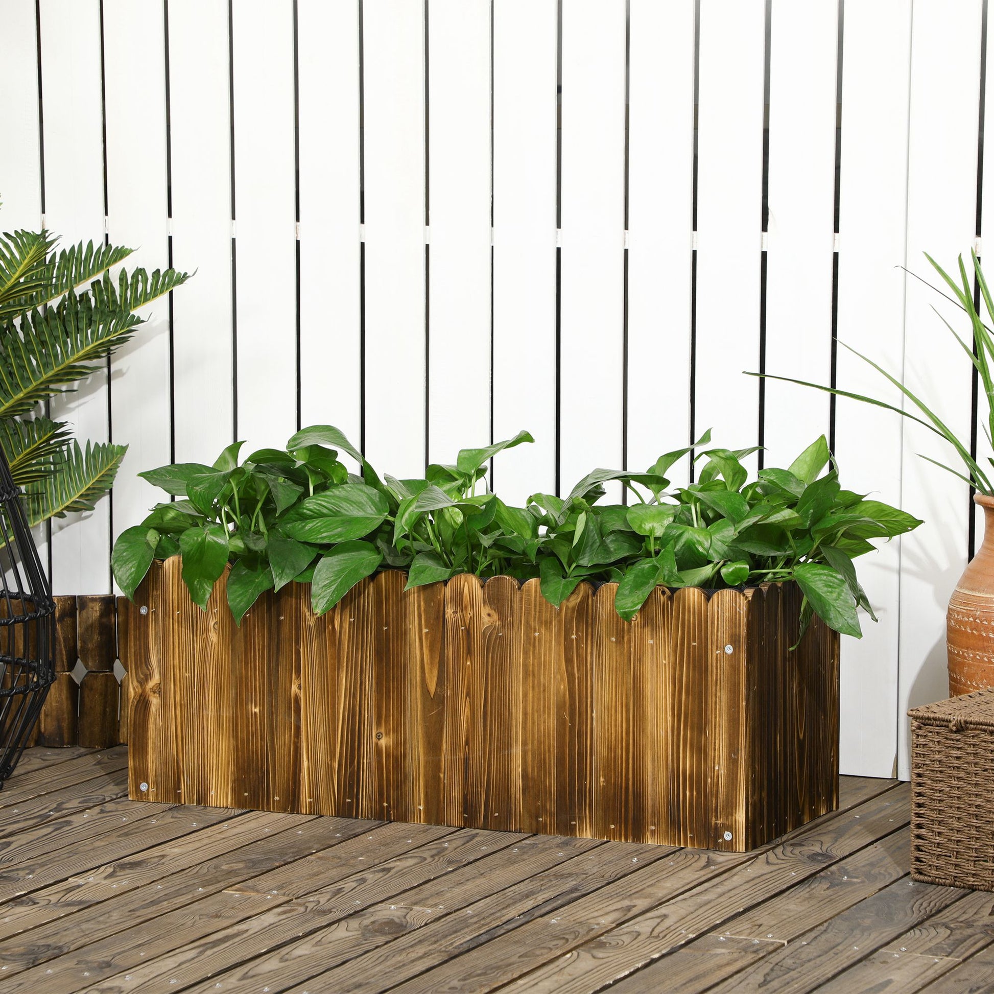 Rectangular Wooden Planter Garden Pot with Drainage Hole and Non-Woven Fabric Urban Garden for Plants Flowers Herbs for Terrace Patio 31.5x11.8x11.8 inches Brown