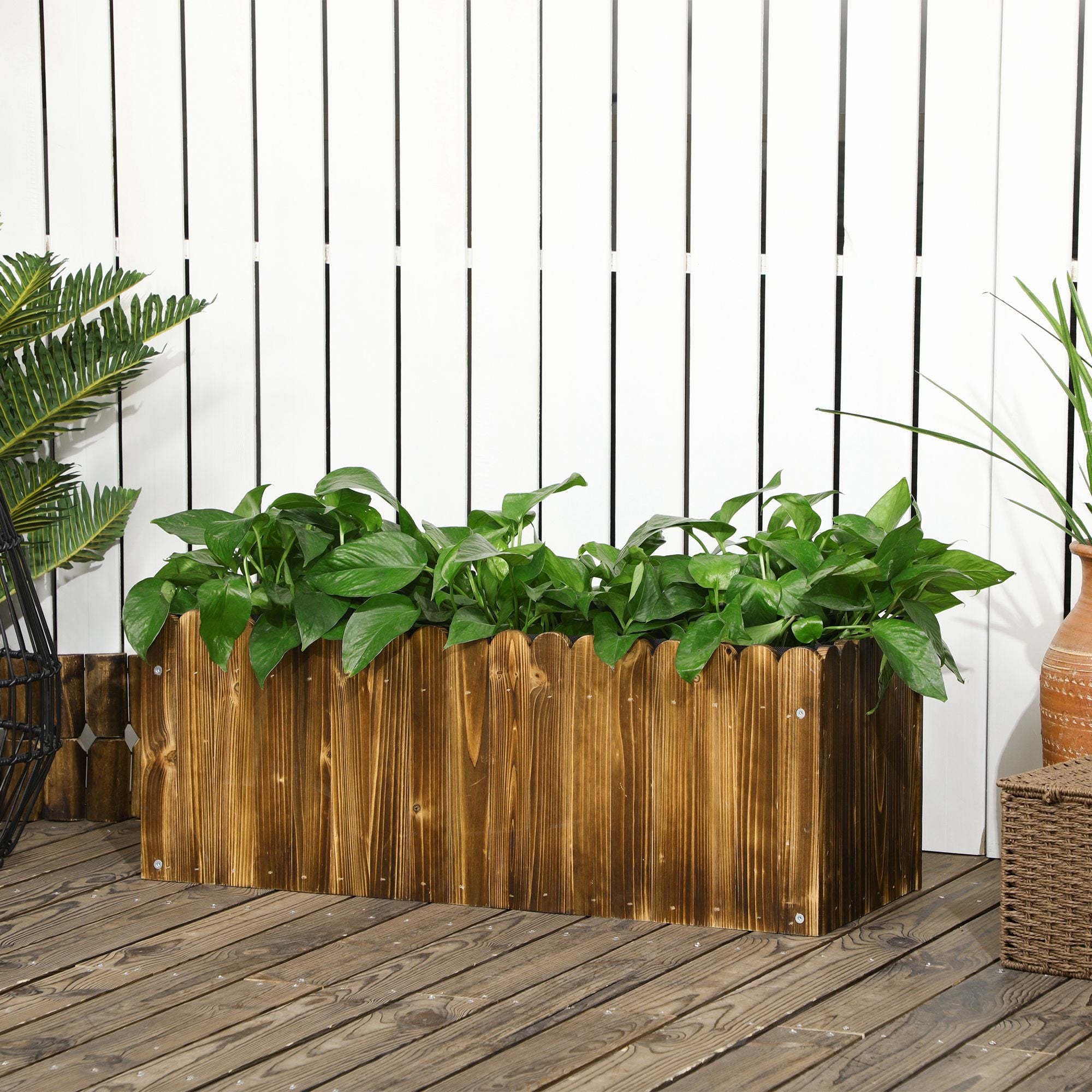 Rectangular Wooden Planter Garden Pot with Drainage Hole and Non-Woven Fabric Urban Garden for Plants Flowers Herbs for Terrace Patio 31.5x11.8x11.8 inches Brown