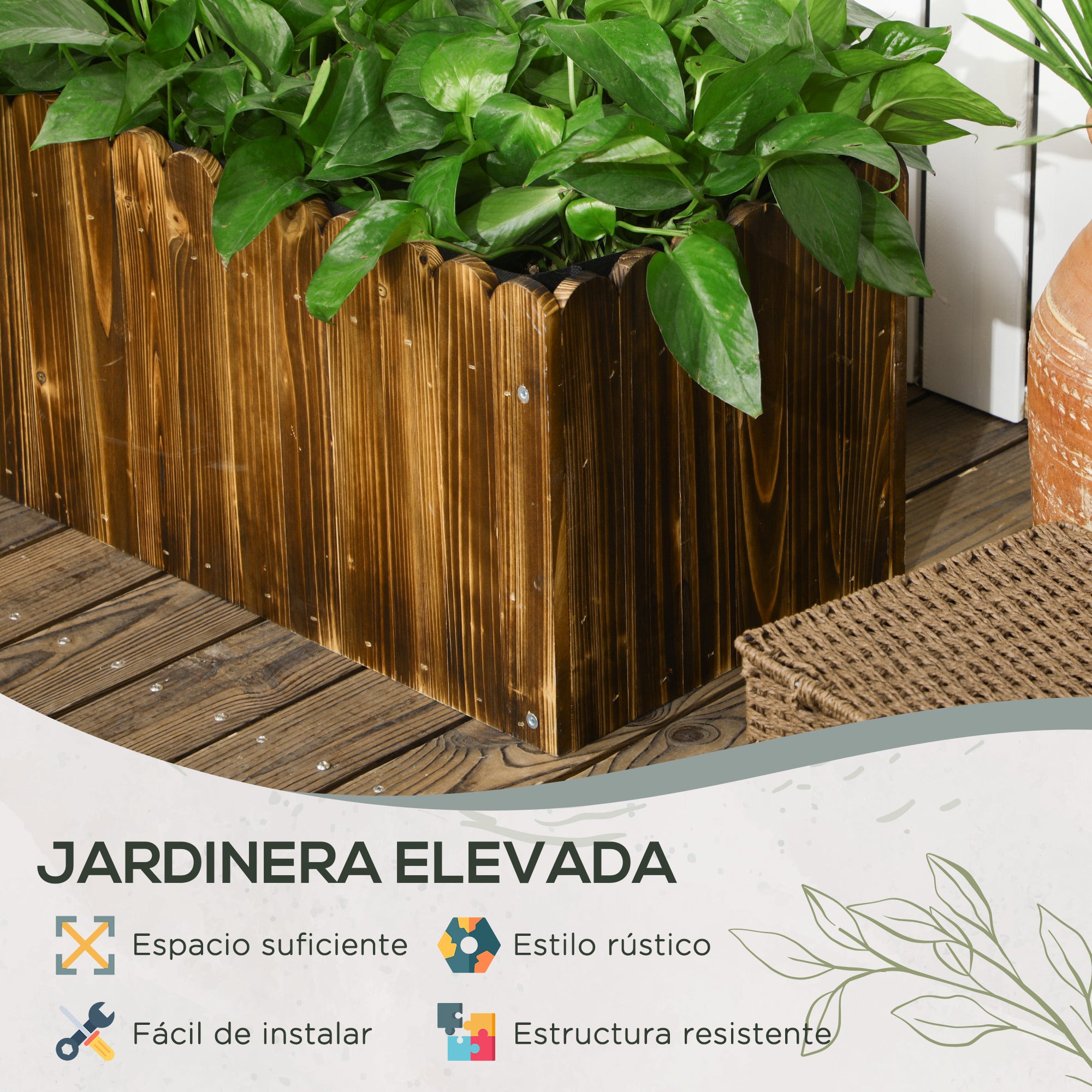 Rectangular Wooden Planter Garden Pot with Drainage Hole and Non-Woven Fabric Urban Garden for Plants Flowers Herbs for Terrace Patio 31.5x11.8x11.8 inches Brown
