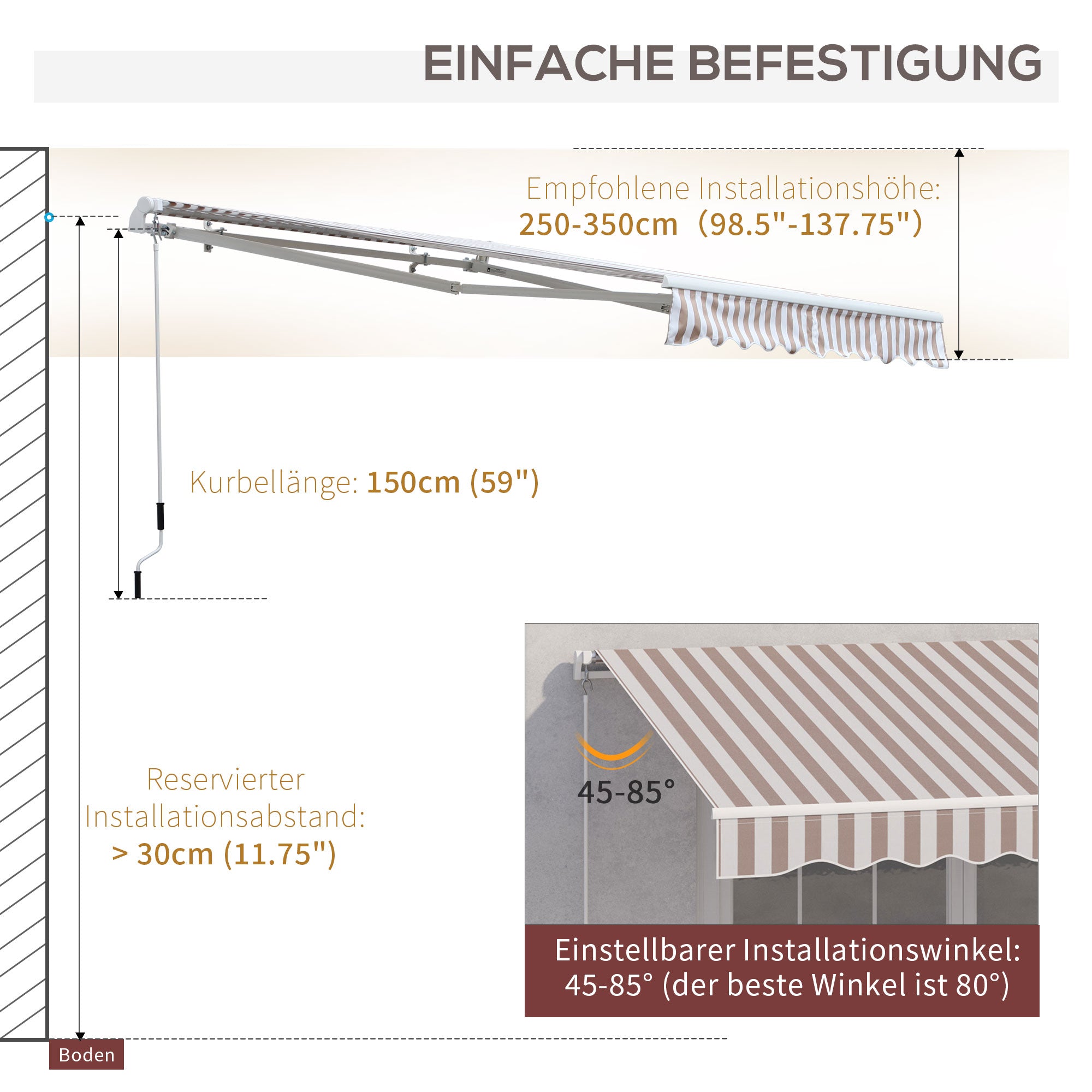 Awning with Hand Crank, Articulated Awning, Sun Protection, Wall Mount, Balcony, Aluminium Frame 3 x 2.5 m