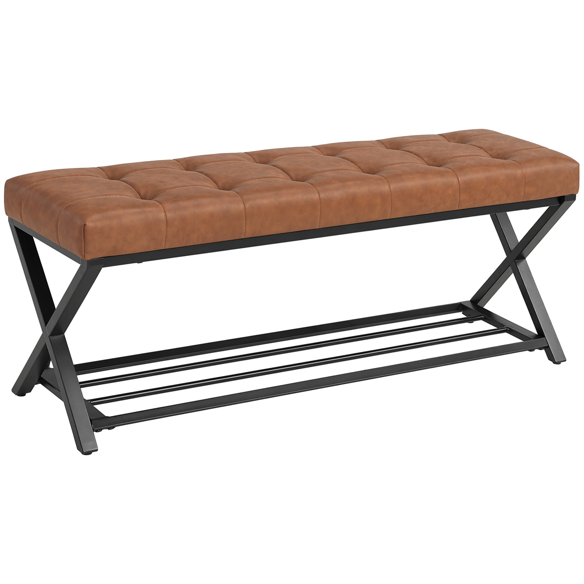 Shoe Bench with Padded Seat, Storage Shoe Rack, Industrial X-Frame Steel Bench, PU Leather, Up to 485 lb, 44.1 x 14.6 x 18.5 in (112 x 37 x 47 cm), Brown