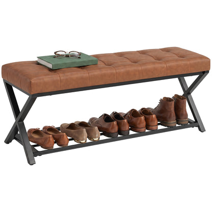 Shoe Bench with Padded Seat, Storage Shoe Rack, Industrial X-Frame Steel Bench, PU Leather, Up to 485 lb, 44.1 x 14.6 x 18.5 in (112 x 37 x 47 cm), Brown