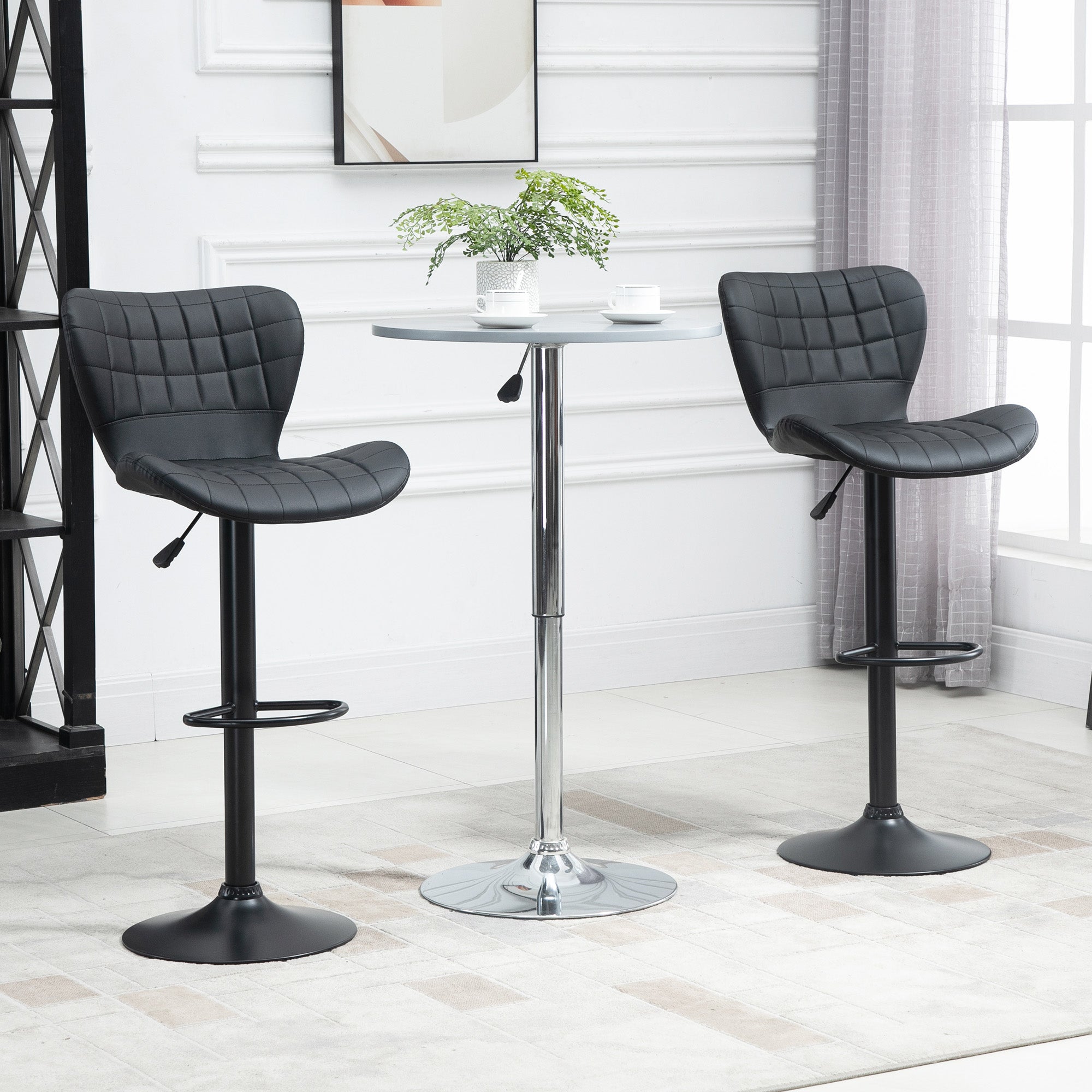 Bar Stool Set of 2, Upholstered Bar Chair with Metal Frame, Backrest, Height Adjustable Kitchen Stools with Footrest, 360° Swivel, Counter Stool for Kitchen, Living Room, Dining Room, Faux Leather, Black