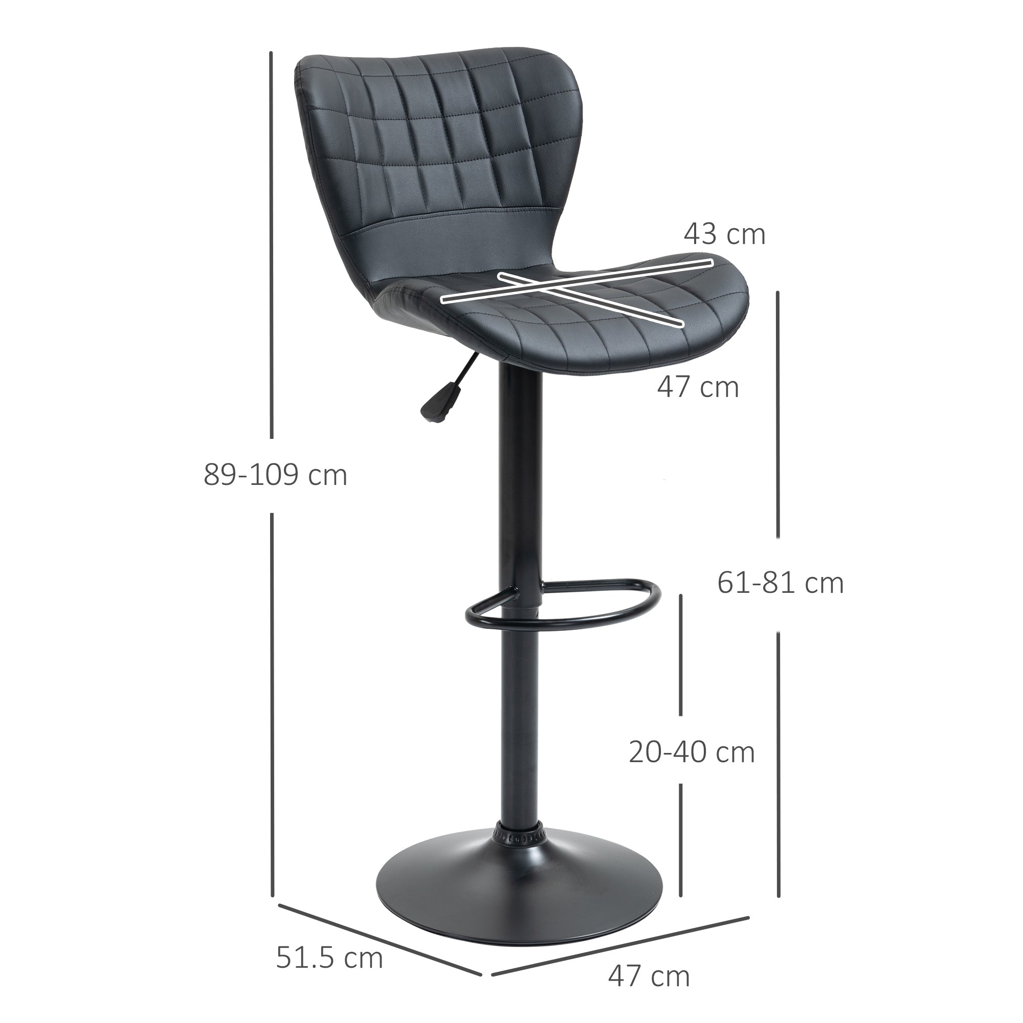 Bar Stool Set of 2, Upholstered Bar Chair with Metal Frame, Backrest, Height Adjustable Kitchen Stools with Footrest, 360° Swivel, Counter Stool for Kitchen, Living Room, Dining Room, Faux Leather, Black