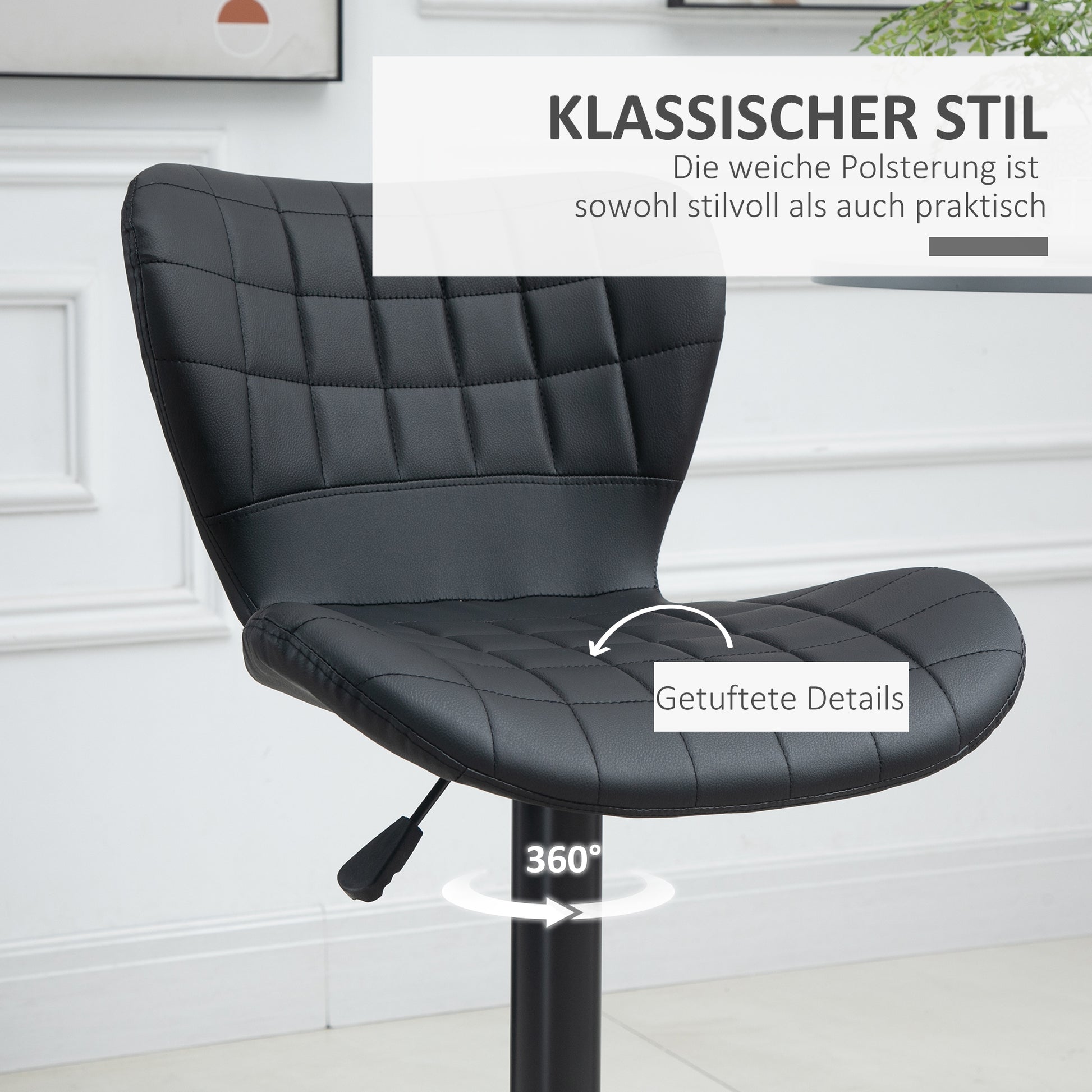 Bar Stool Set of 2, Upholstered Bar Chair with Metal Frame, Backrest, Height Adjustable Kitchen Stools with Footrest, 360° Swivel, Counter Stool for Kitchen, Living Room, Dining Room, Faux Leather, Black
