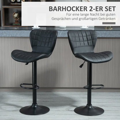 Bar Stool Set of 2, Upholstered Bar Chair with Metal Frame, Backrest, Height Adjustable Kitchen Stools with Footrest, 360° Swivel, Counter Stool for Kitchen, Living Room, Dining Room, Faux Leather, Black