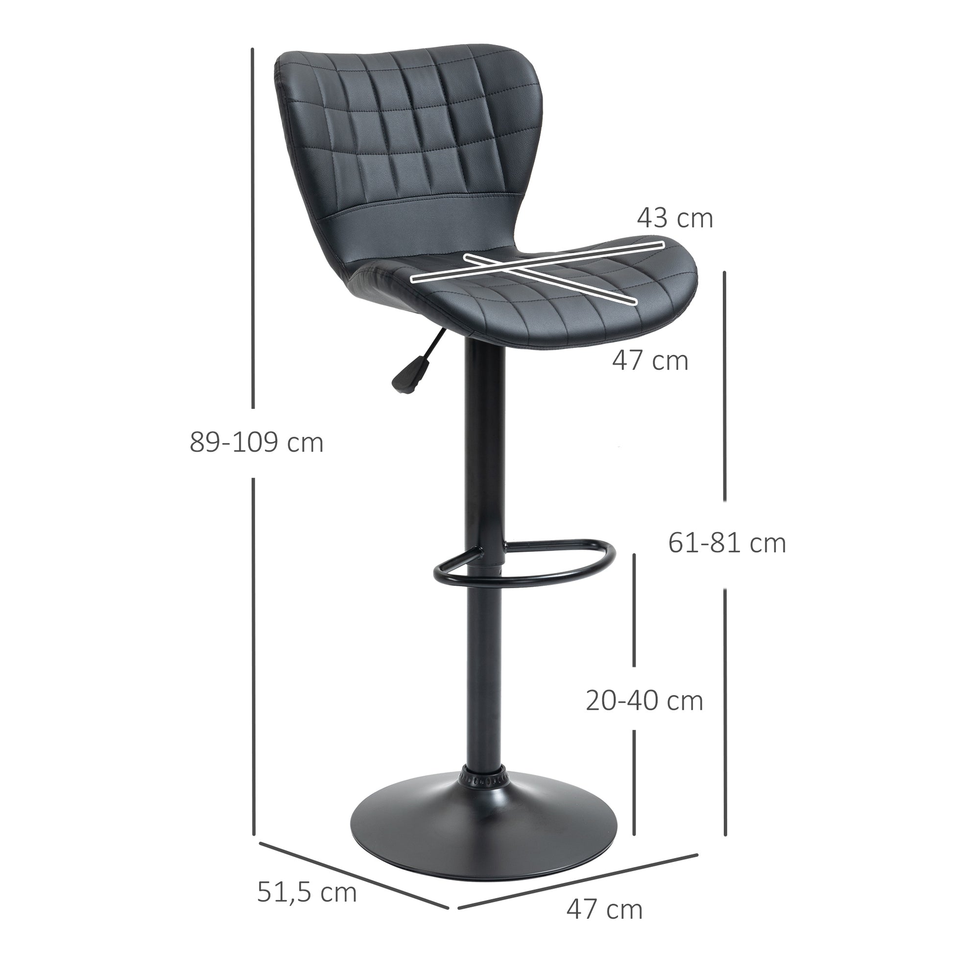 Bar Stool Set of 2, Upholstered Bar Chair with Metal Frame, Backrest, Height Adjustable Kitchen Stools with Footrest, 360° Swivel, Counter Stool for Kitchen, Living Room, Dining Room, Faux Leather, Black