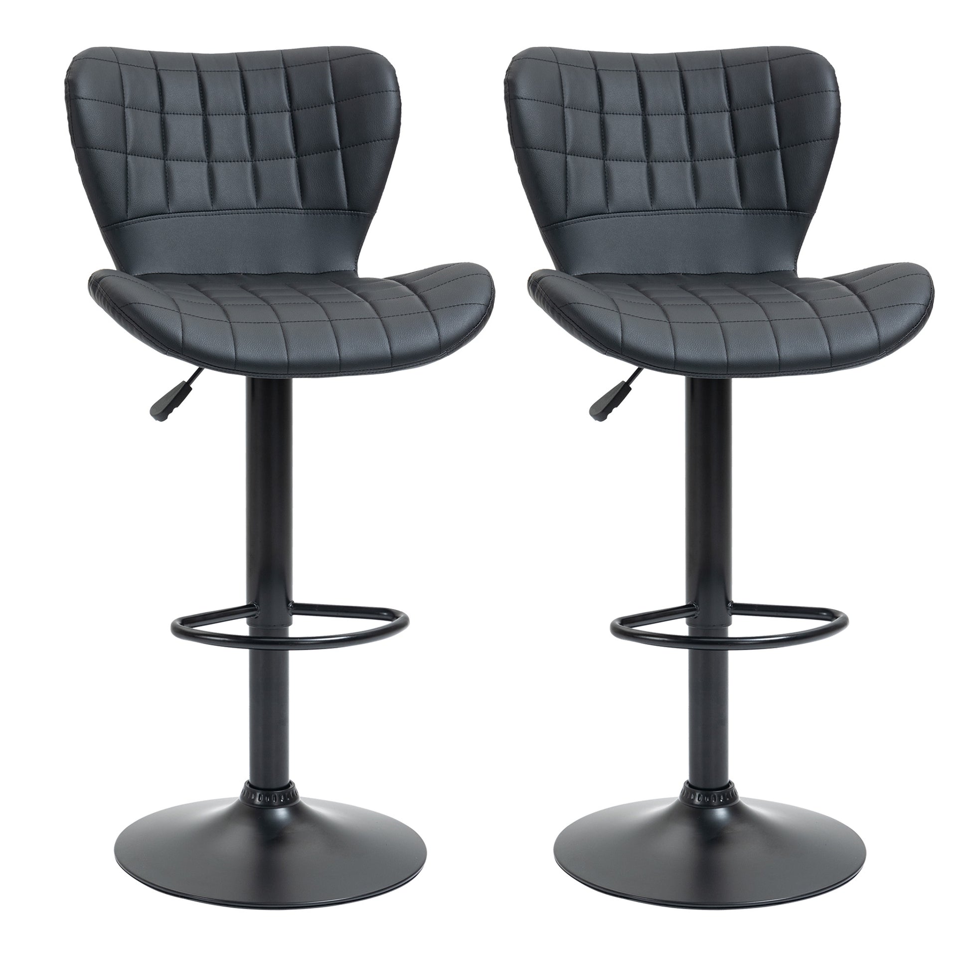 Bar Stool Set of 2, Upholstered Bar Chair with Metal Frame, Backrest, Height Adjustable Kitchen Stools with Footrest, 360° Swivel, Counter Stool for Kitchen, Living Room, Dining Room, Faux Leather, Black