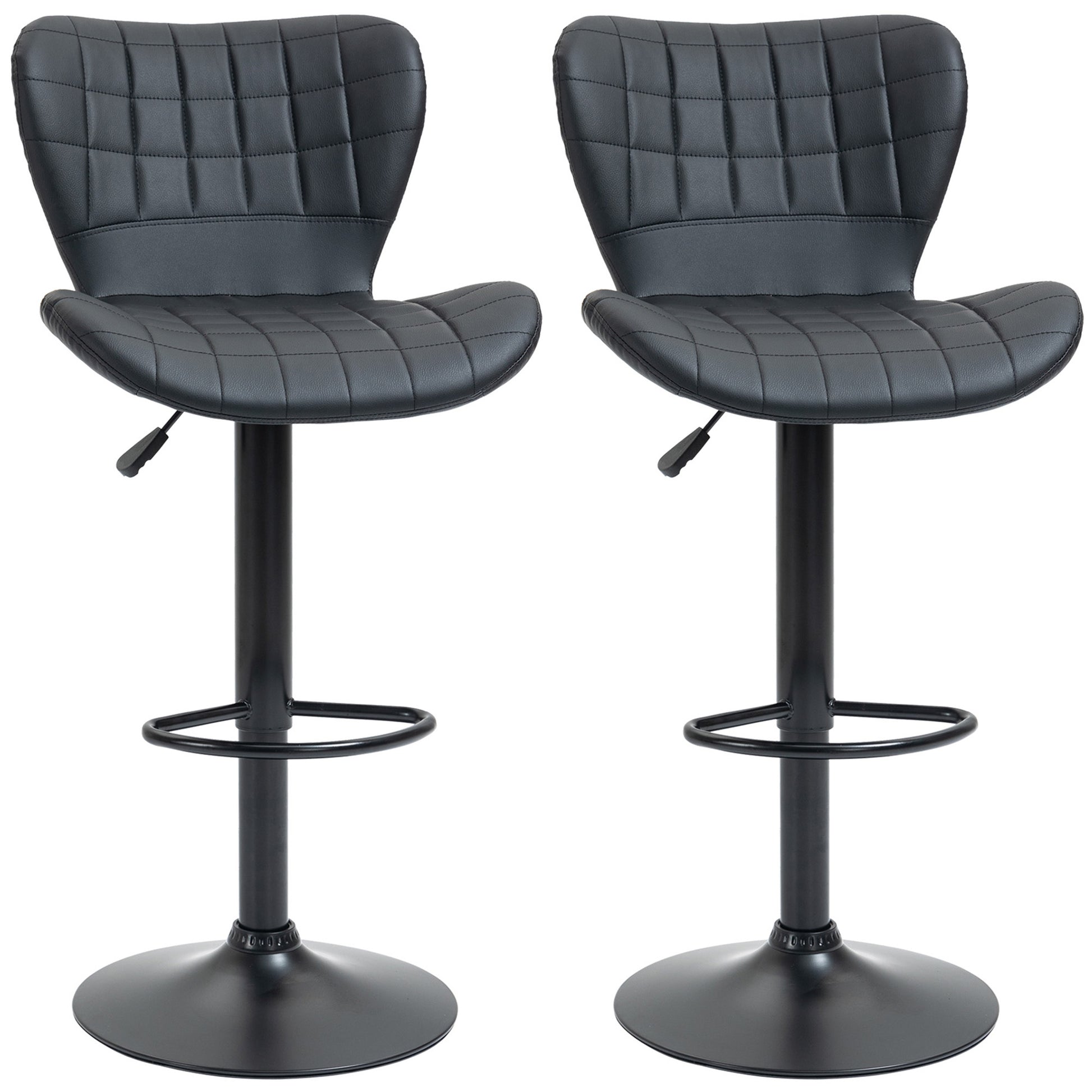 Bar Stool Set of 2, Upholstered Bar Chair with Metal Frame, Backrest, Height Adjustable Kitchen Stools with Footrest, 360° Swivel, Counter Stool for Kitchen, Living Room, Dining Room, Faux Leather, Black