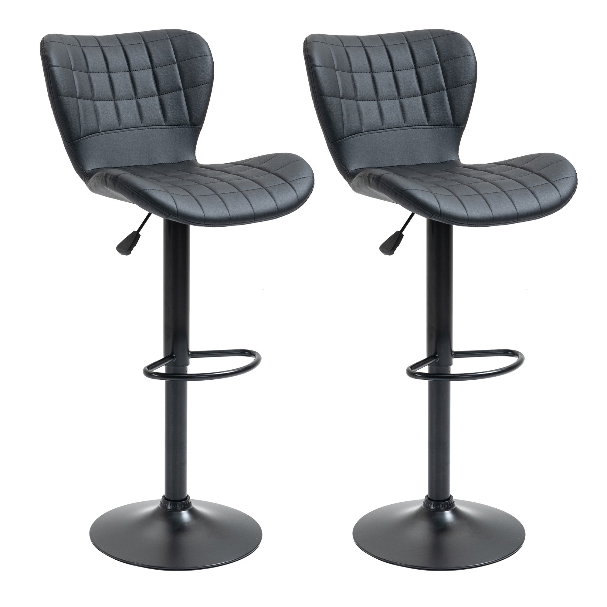 Bar Stool Set of 2, Upholstered Bar Chair with Metal Frame, Backrest, Height Adjustable Kitchen Stools with Footrest, 360° Swivel, Counter Stool for Kitchen, Living Room, Dining Room, Faux Leather, Black
