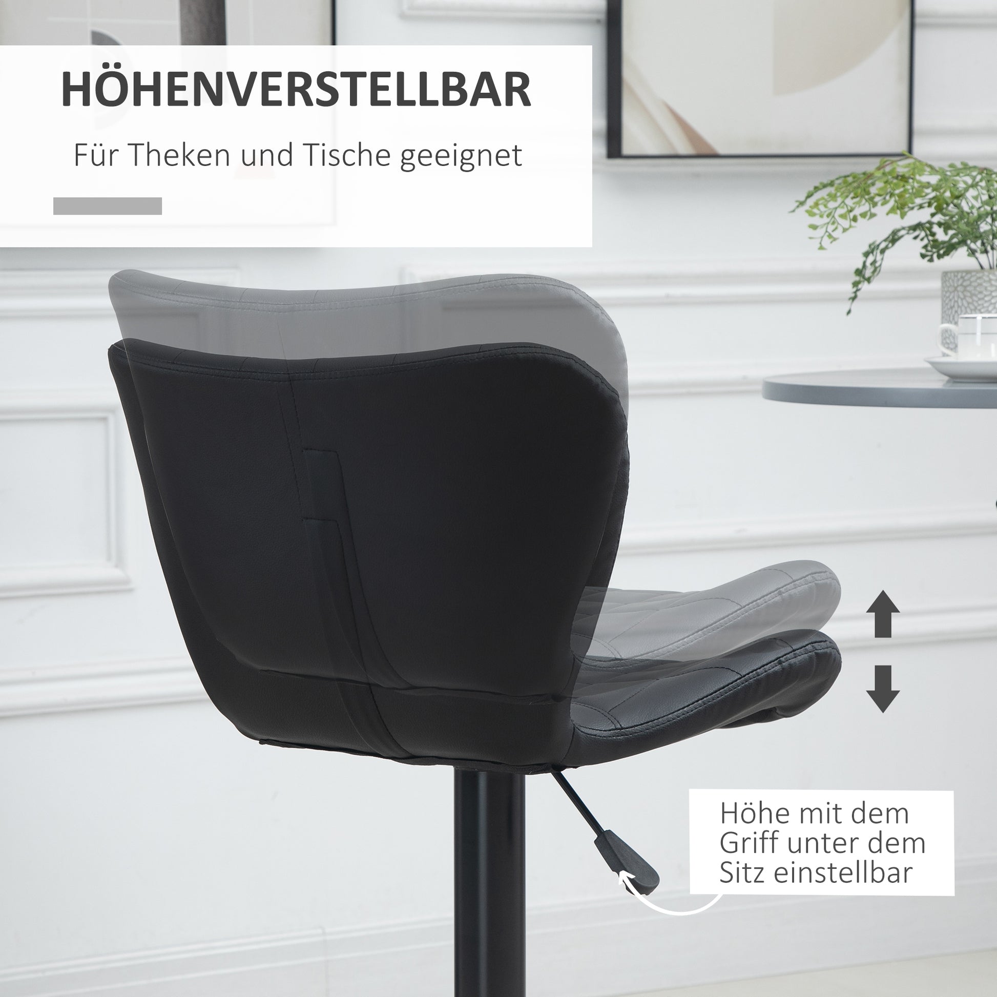 Bar Stool Set of 2, Upholstered Bar Chair with Metal Frame, Backrest, Height Adjustable Kitchen Stools with Footrest, 360° Swivel, Counter Stool for Kitchen, Living Room, Dining Room, Faux Leather, Black