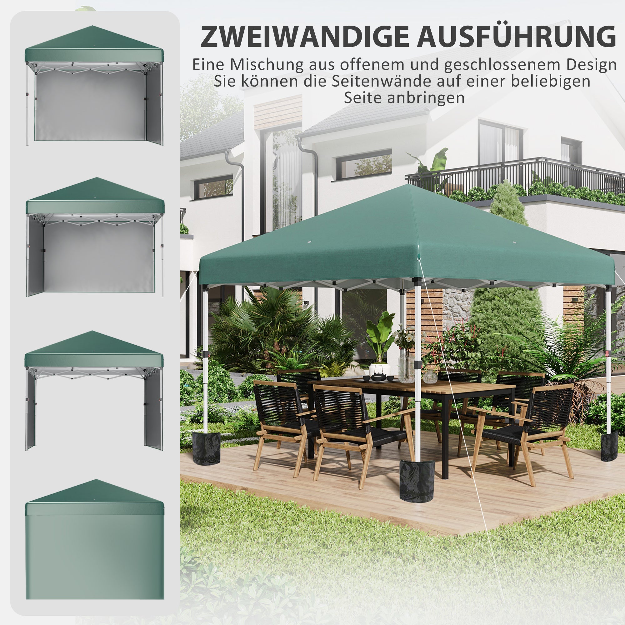 Pavilion approx. 3x3m, Water-Resistant Stable Winterproof Pop-Up Folding Canopy with 2 Side Walls, UV 30+ Protection, Foldable Party Tent Gazebo with Bag, Garden Pavilion for Camping, Green