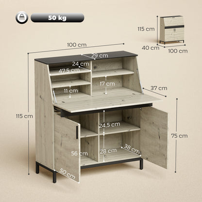 Secretary Desk 100 cm (39.4") — Modern Industrial Computer Desk with Shelves & Cabinet, Office or Bedroom, Natural Wood & Black