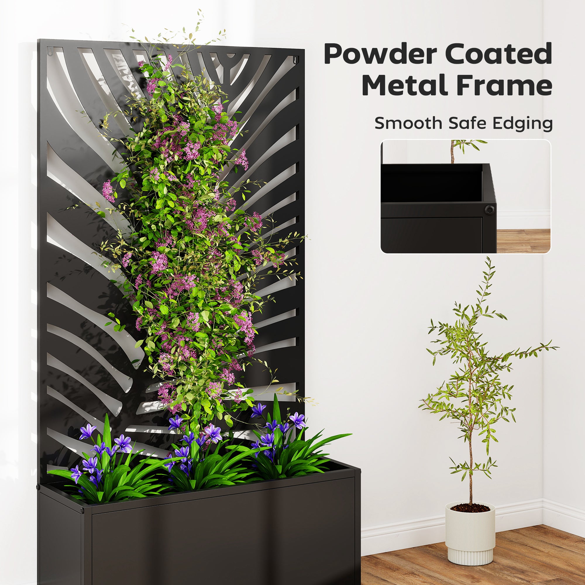 Elevated Balcony Planter with Leaf Trellis – Metal Window Box 61 x 23 x 113 cm (Black)