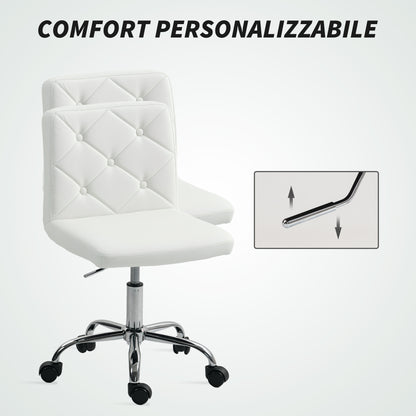 Adjustable Office Chair with Button Tufted Upholstery and Swivel Wheels, PU Leather, Foam and Steel, 44x50x78-88 cm, White