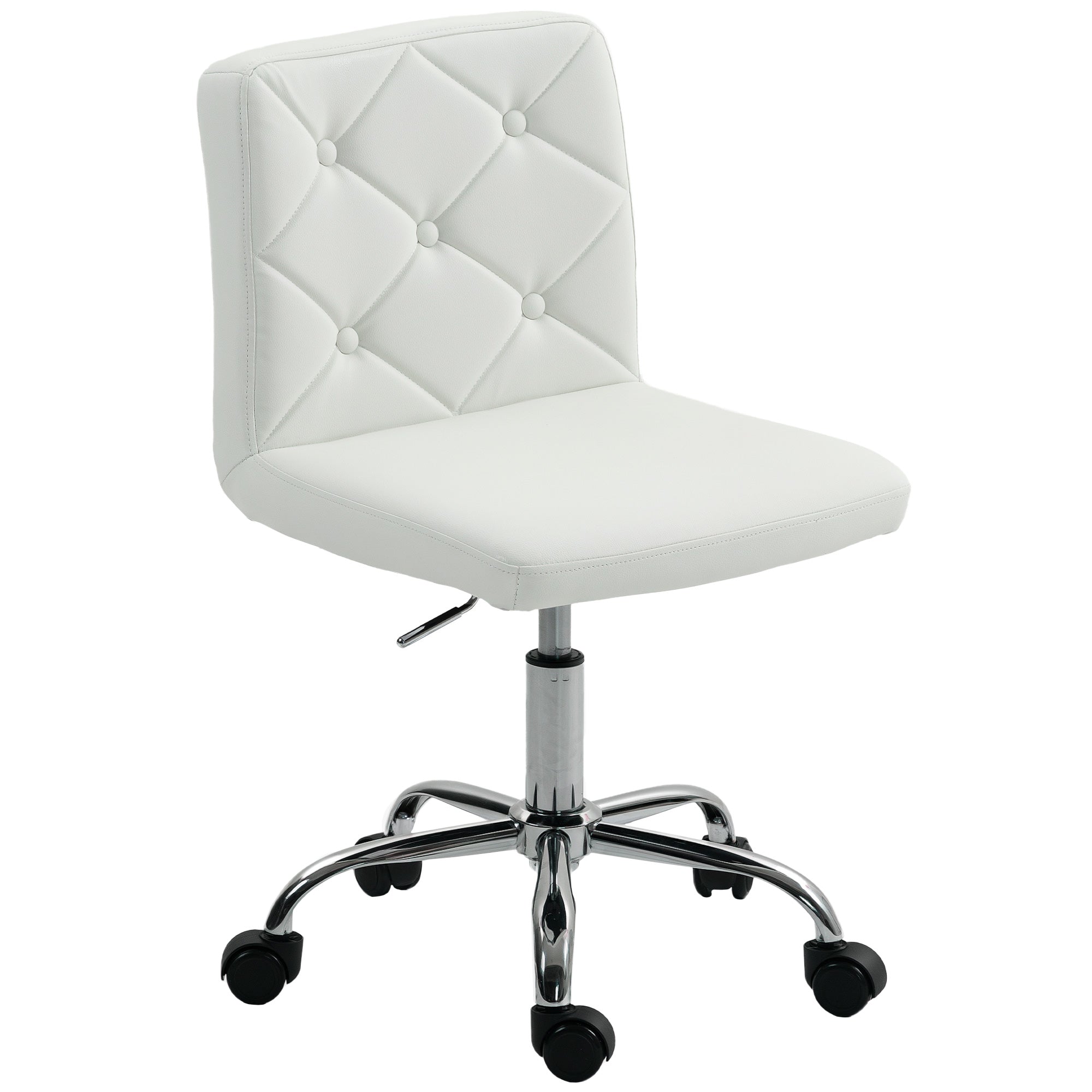 Adjustable Office Chair with Button Tufted Upholstery and Swivel Wheels, PU Leather, Foam and Steel, 44x50x78-88 cm, White