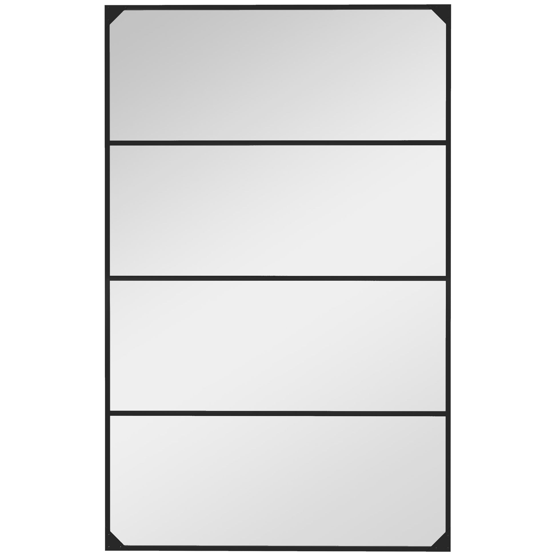 Rectangular Industrial-style Grid Wall Mirror, Horizontal or Vertical with 4 Hooks, Black Metal - 109 x 69 cm