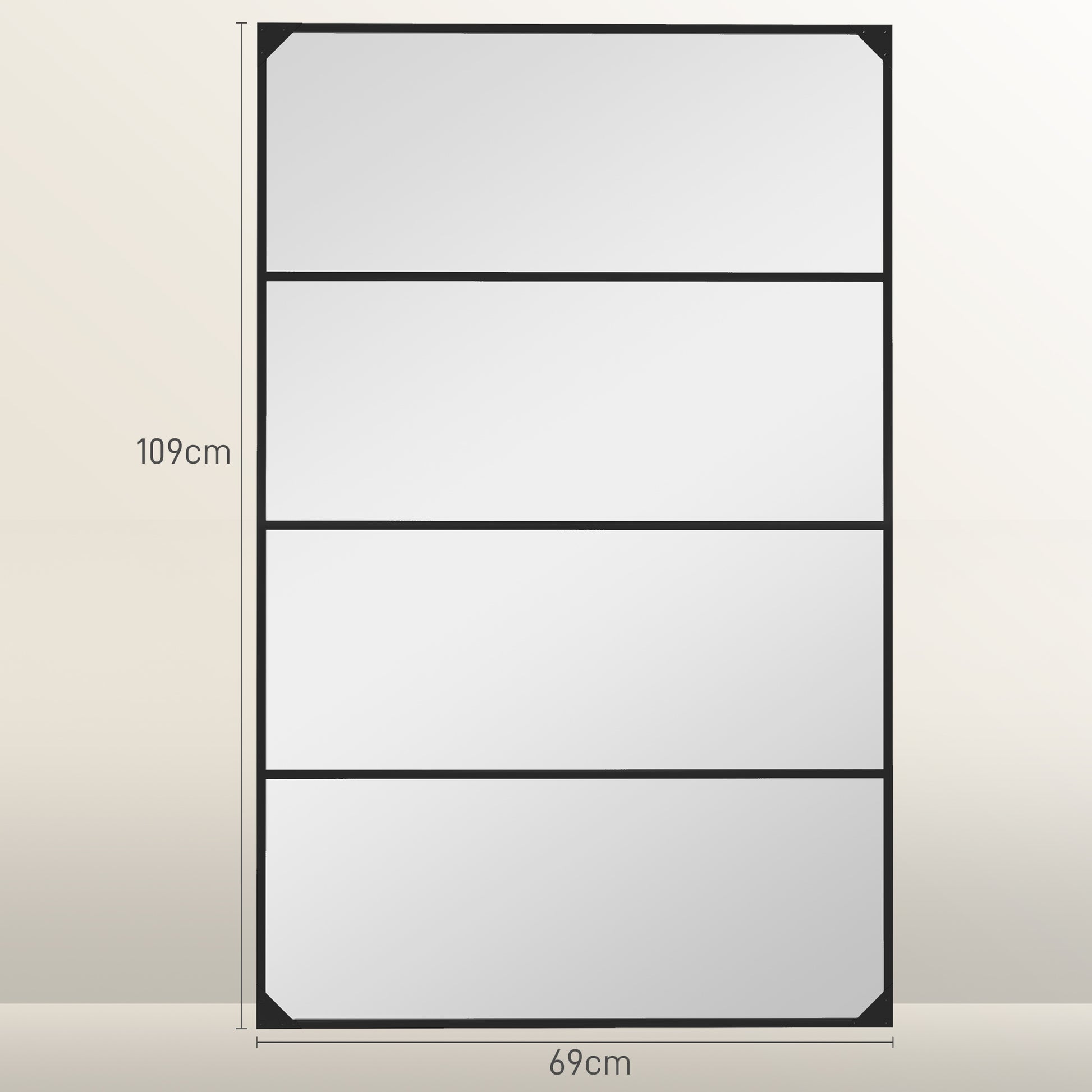 Rectangular Industrial-style Grid Wall Mirror, Horizontal or Vertical with 4 Hooks, Black Metal - 109 x 69 cm