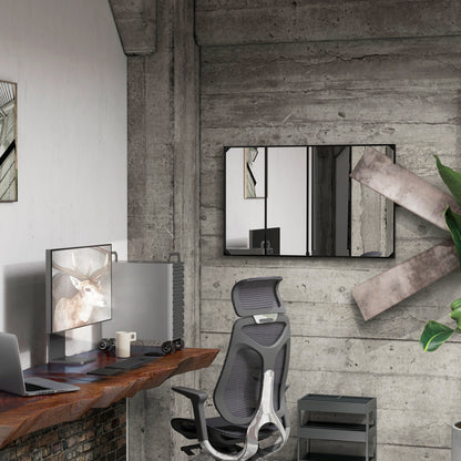 Rectangular Industrial-style Grid Wall Mirror, Horizontal or Vertical with 4 Hooks, Black Metal - 109 x 69 cm