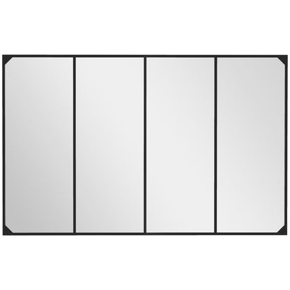 Rectangular Industrial-style Grid Wall Mirror, Horizontal or Vertical with 4 Hooks, Black Metal - 109 x 69 cm