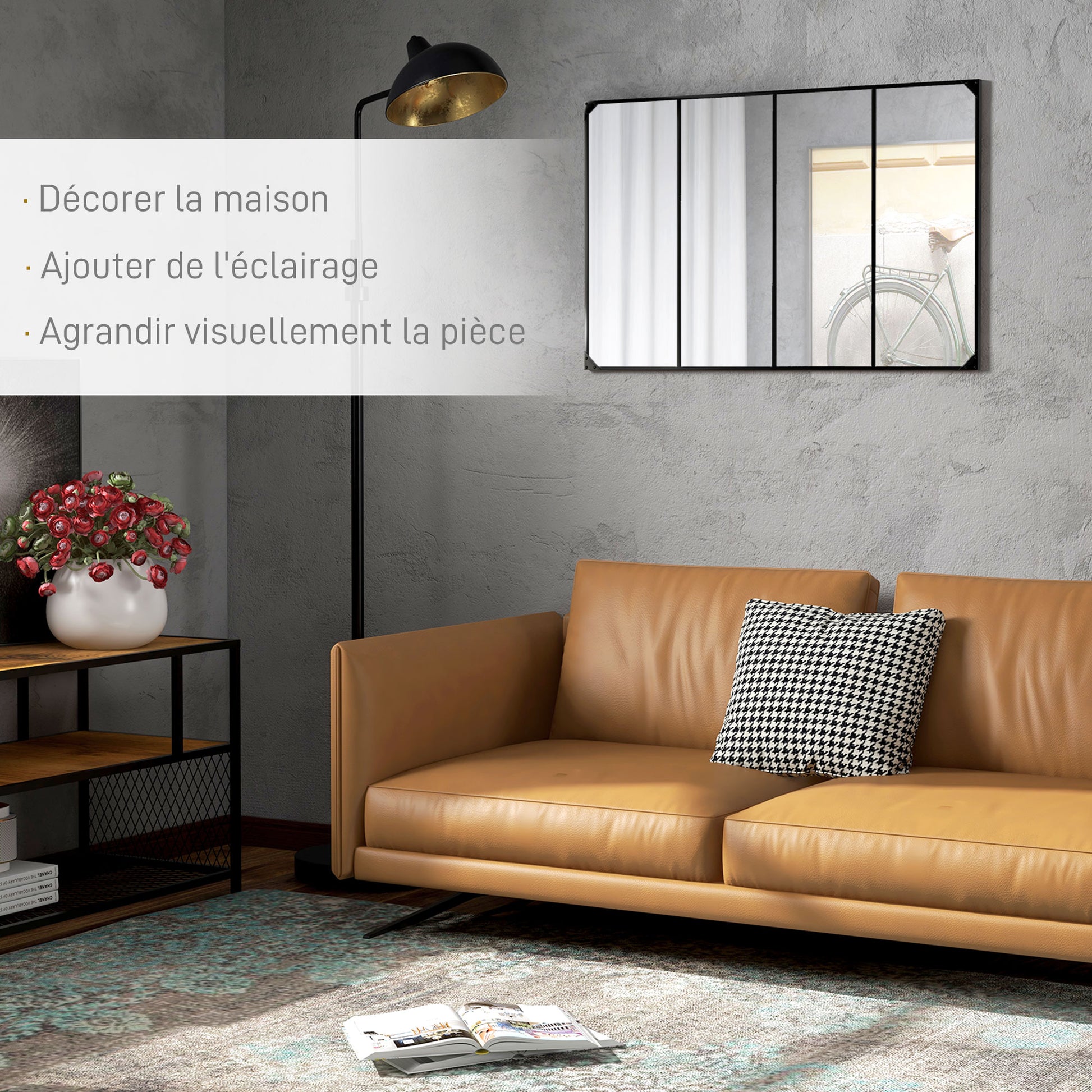 Rectangular Industrial-style Grid Wall Mirror, Horizontal or Vertical with 4 Hooks, Black Metal - 109 x 69 cm