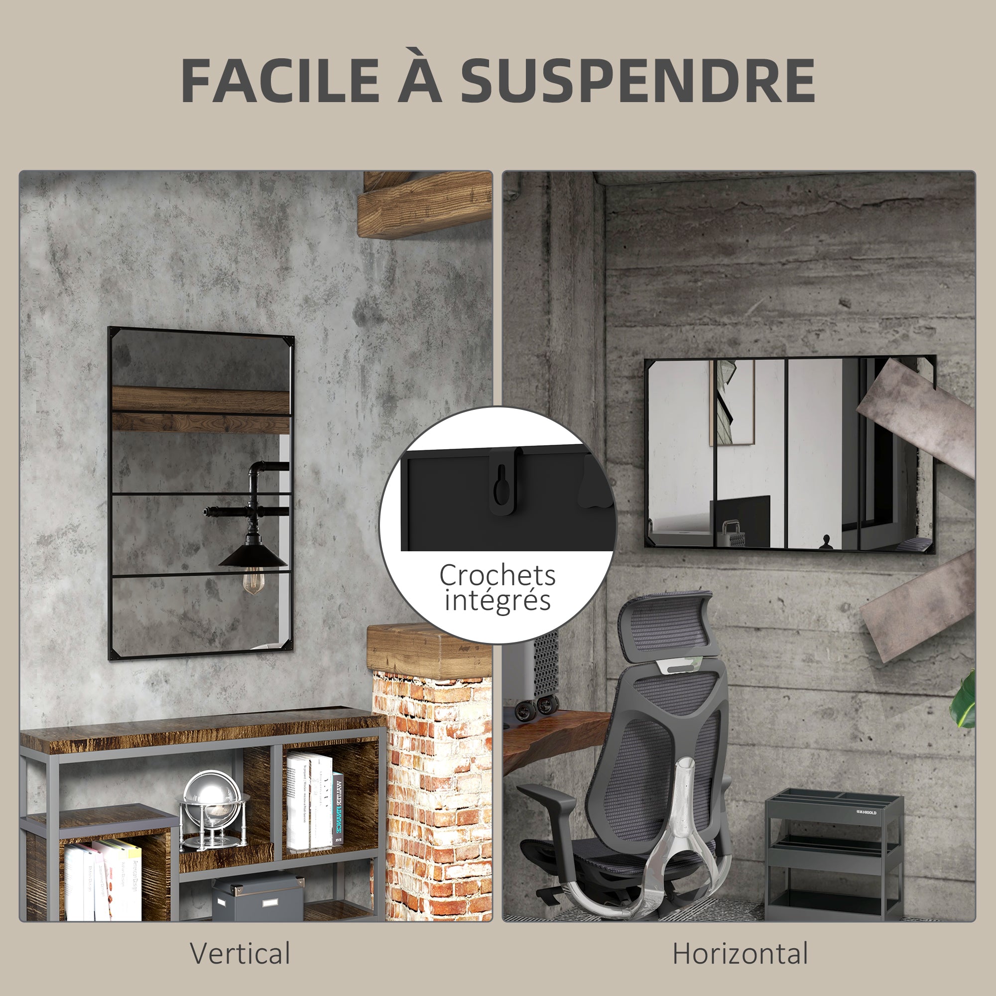 Rectangular Industrial-style Grid Wall Mirror, Horizontal or Vertical with 4 Hooks, Black Metal - 109 x 69 cm