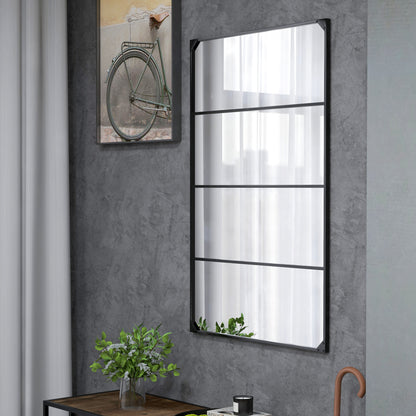 Rectangular Industrial-style Grid Wall Mirror, Horizontal or Vertical with 4 Hooks, Black Metal - 109 x 69 cm