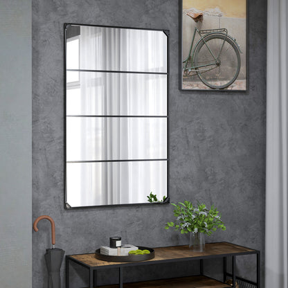 Rectangular Industrial-style Grid Wall Mirror, Horizontal or Vertical with 4 Hooks, Black Metal - 109 x 69 cm