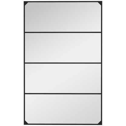 Rectangular Industrial-style Grid Wall Mirror, Horizontal or Vertical with 4 Hooks, Black Metal - 109 x 69 cm