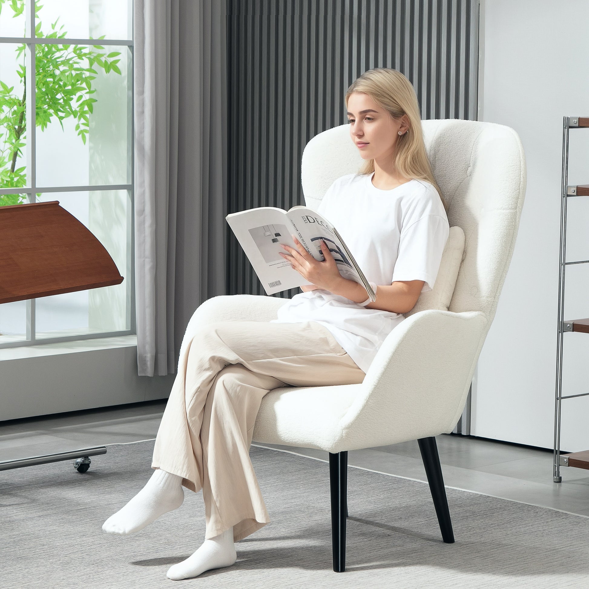 Wingback Chair Lounge Chair with Lumbar Pillow, Upholstered Teddy Chair with Wood Legs, Diamond Tufted Backrest, Recliner for Living Room, Bedroom, White
