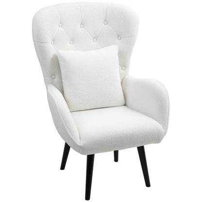 Wingback Chair Lounge Chair with Lumbar Pillow, Upholstered Teddy Chair with Wood Legs, Diamond Tufted Backrest, Recliner for Living Room, Bedroom, White