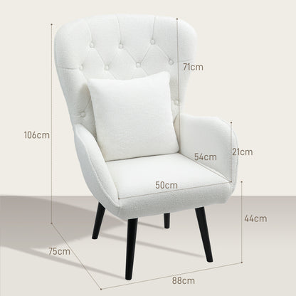 Wingback Chair Lounge Chair with Lumbar Pillow, Upholstered Teddy Chair with Wood Legs, Diamond Tufted Backrest, Recliner for Living Room, Bedroom, White