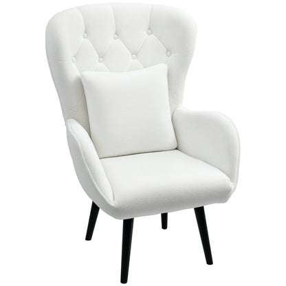 Wingback Chair Lounge Chair with Lumbar Pillow, Upholstered Teddy Chair with Wood Legs, Diamond Tufted Backrest, Recliner for Living Room, Bedroom, White