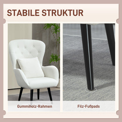 Wingback Chair Lounge Chair with Lumbar Pillow, Upholstered Teddy Chair with Wood Legs, Diamond Tufted Backrest, Recliner for Living Room, Bedroom, White