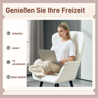 Wingback Chair Lounge Chair with Lumbar Pillow, Upholstered Teddy Chair with Wood Legs, Diamond Tufted Backrest, Recliner for Living Room, Bedroom, White