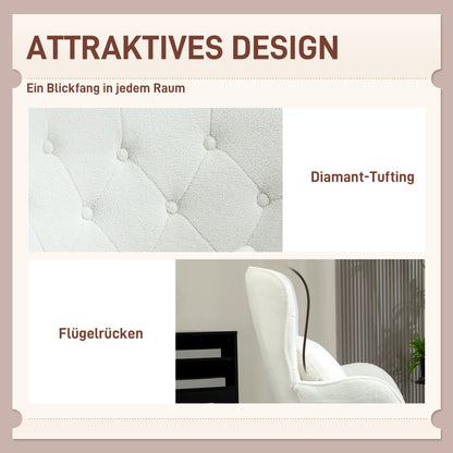 Wingback Chair Lounge Chair with Lumbar Pillow, Upholstered Teddy Chair with Wood Legs, Diamond Tufted Backrest, Recliner for Living Room, Bedroom, White