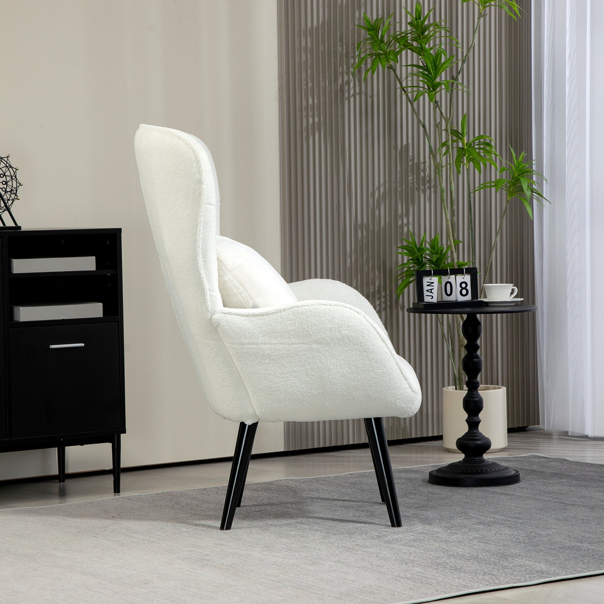 Wingback Chair Lounge Chair with Lumbar Pillow, Upholstered Teddy Chair with Wood Legs, Diamond Tufted Backrest, Recliner for Living Room, Bedroom, White