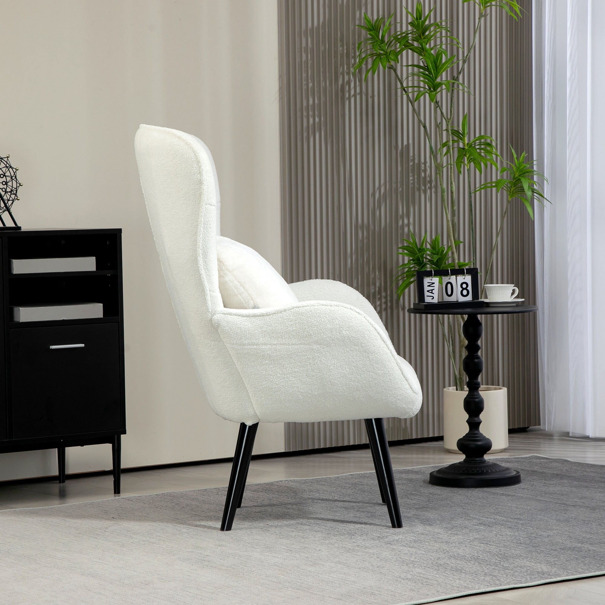 Wingback Chair Lounge Chair with Lumbar Pillow, Upholstered Teddy Chair with Wood Legs, Diamond Tufted Backrest, Recliner for Living Room, Bedroom, White