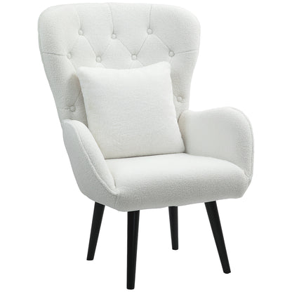 Wingback Chair Lounge Chair with Lumbar Pillow, Upholstered Teddy Chair with Wood Legs, Diamond Tufted Backrest, Recliner for Living Room, Bedroom, White
