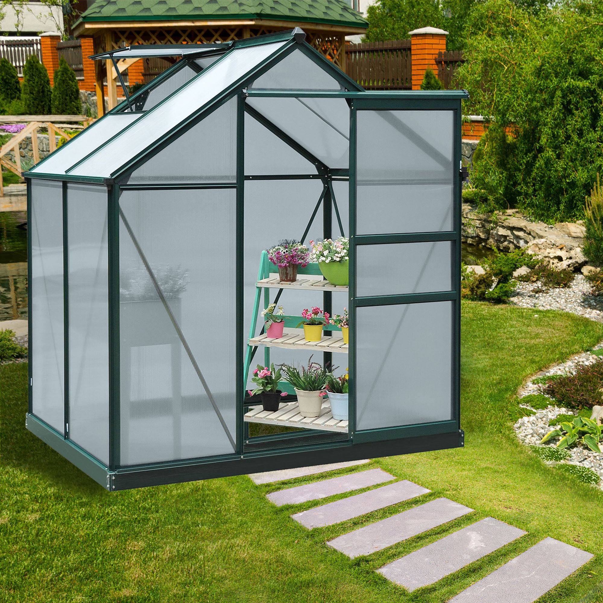 Polycarbonate Garden Greenhouse 2.51m² Aluminum Greenhouse for Garden 190 x 132 x 201 cm UV-Resistant, with Reinforced Foundation, Gutter, Skylight, and Sliding Door, Dark Green