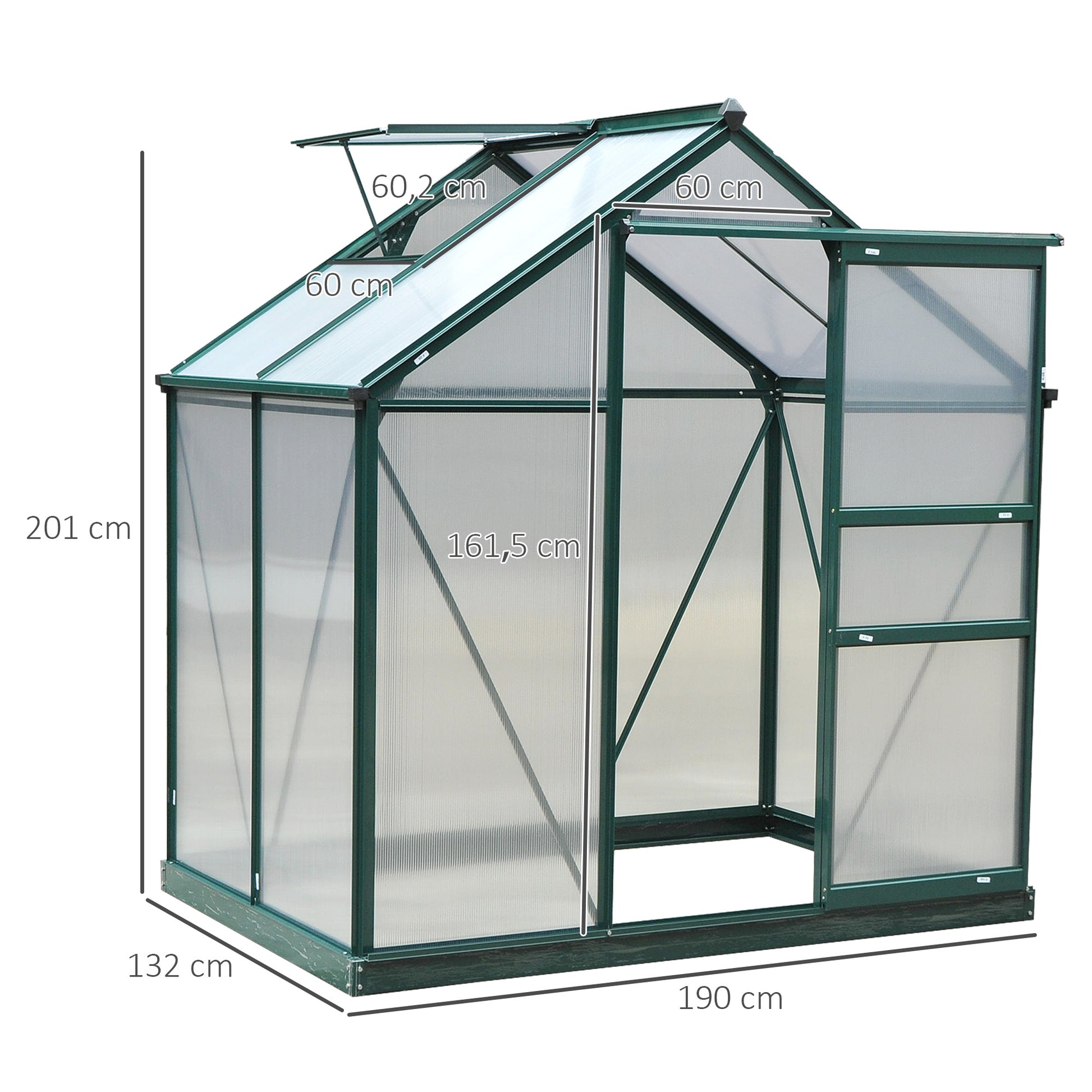 Polycarbonate Garden Greenhouse 2.51m² Aluminum Greenhouse for Garden 190 x 132 x 201 cm UV-Resistant, with Reinforced Foundation, Gutter, Skylight, and Sliding Door, Dark Green
