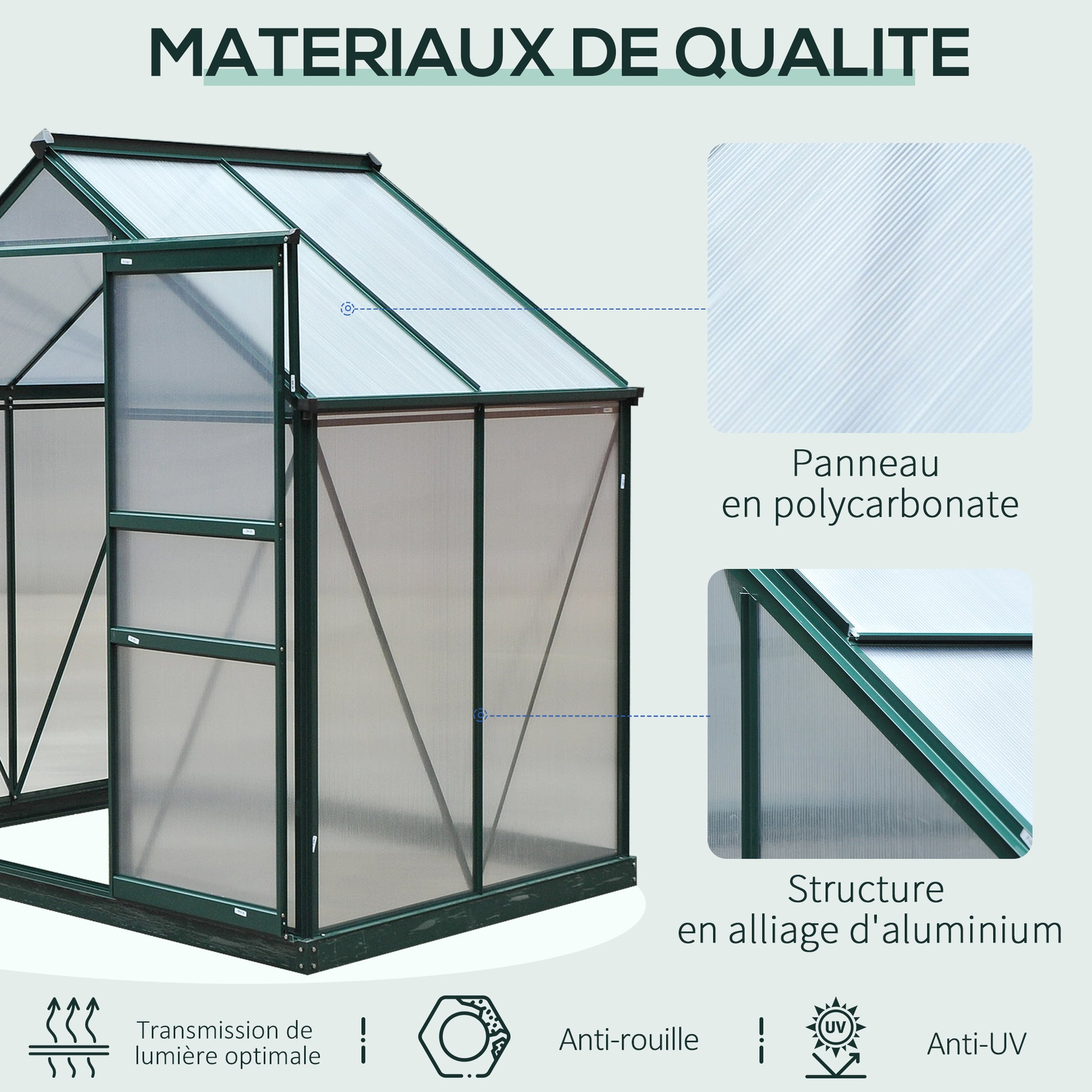 Polycarbonate Garden Greenhouse 2.51m² Aluminum Greenhouse for Garden 190 x 132 x 201 cm UV-Resistant, with Reinforced Foundation, Gutter, Skylight, and Sliding Door, Dark Green