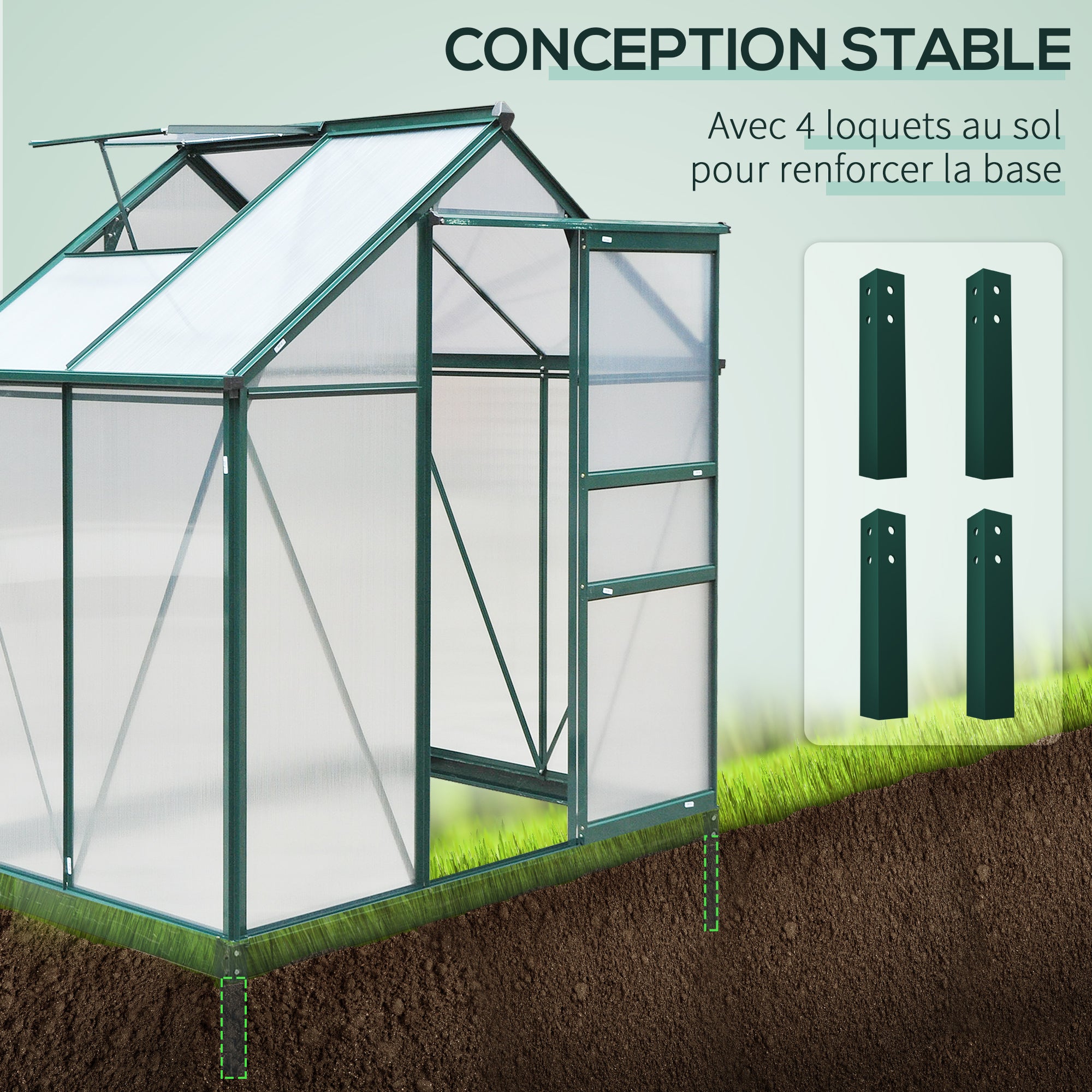 Polycarbonate Garden Greenhouse 2.51m² Aluminum Greenhouse for Garden 190 x 132 x 201 cm UV-Resistant, with Reinforced Foundation, Gutter, Skylight, and Sliding Door, Dark Green