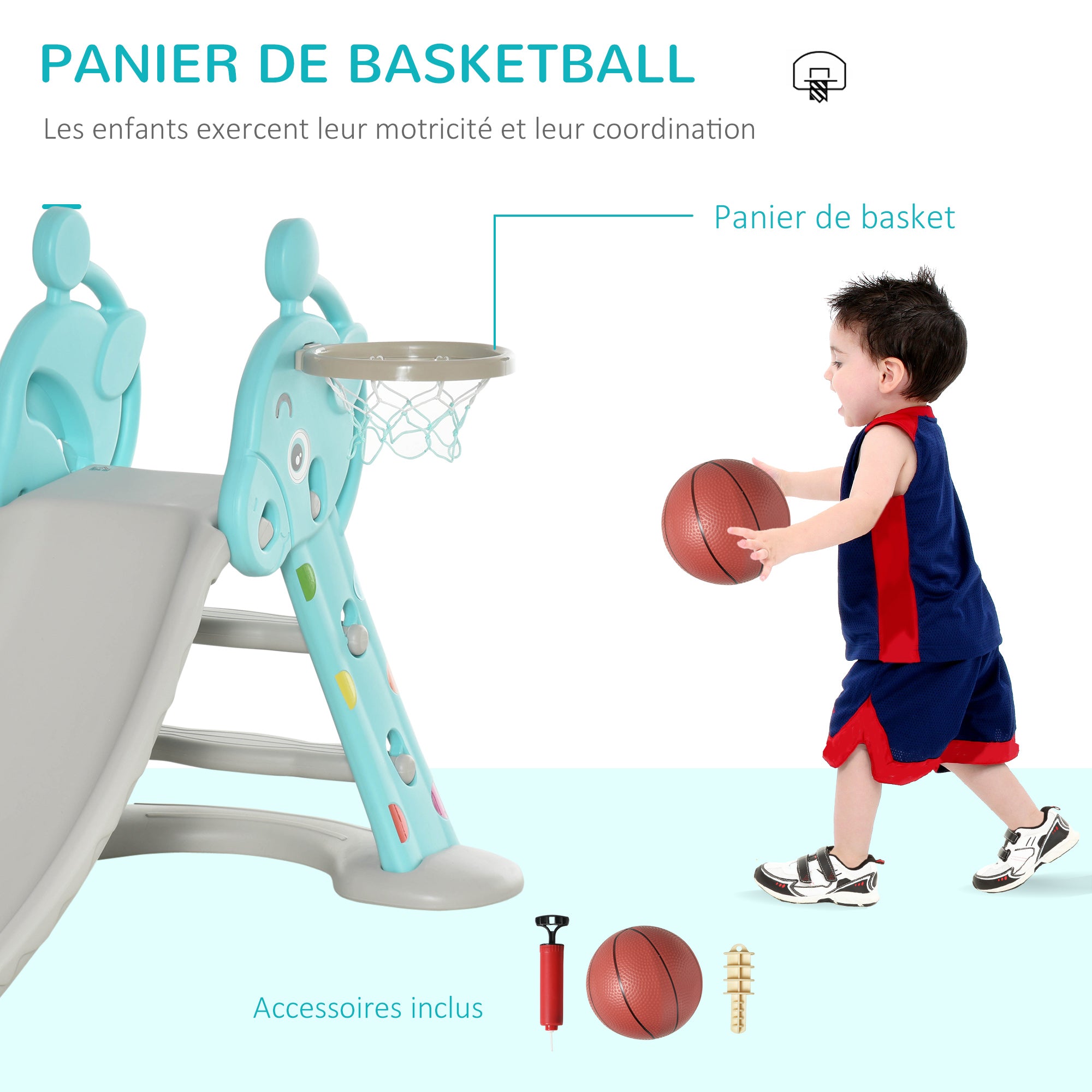 Kids Slide with Basketball Hoop Climbing Ladder for Children +18 months Indoor and Outdoor Use Max Load 20KG dim. 147L x 82W x 85.5H cm Blue and Gray