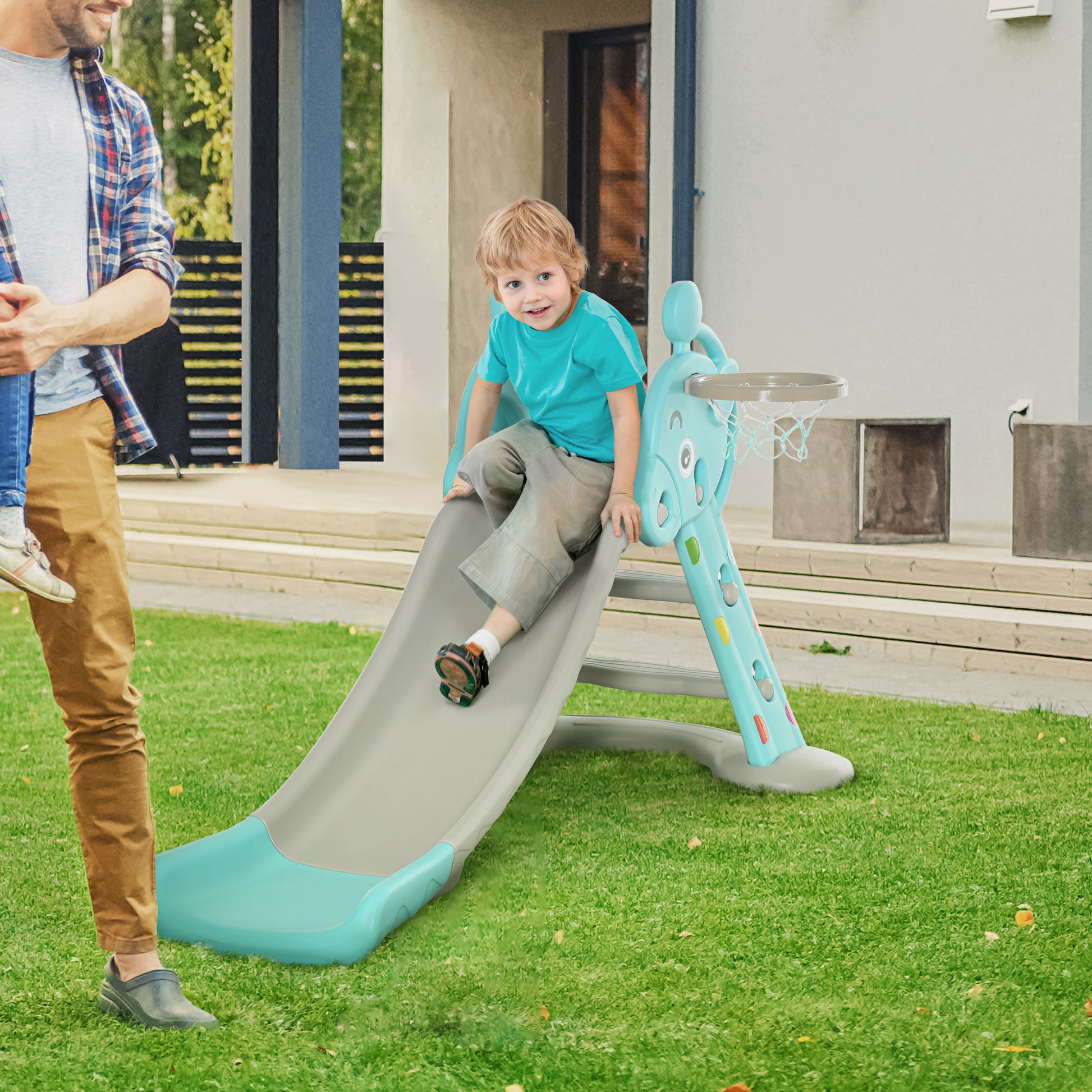 Kids Slide with Basketball Hoop Climbing Ladder for Children +18 months Indoor and Outdoor Use Max Load 20KG dim. 147L x 82W x 85.5H cm Blue and Gray