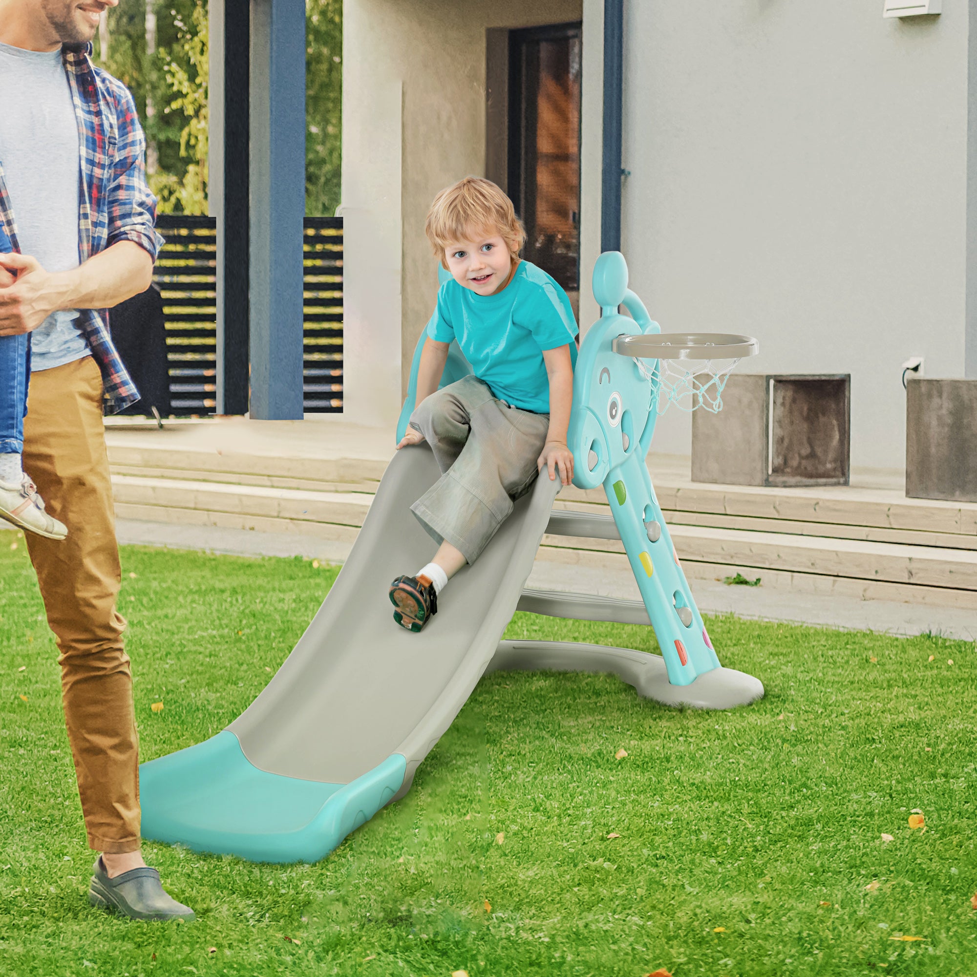 Kids Slide with Basketball Hoop Climbing Ladder for Children +18 months Indoor and Outdoor Use Max Load 20KG dim. 147L x 82W x 85.5H cm Blue and Gray