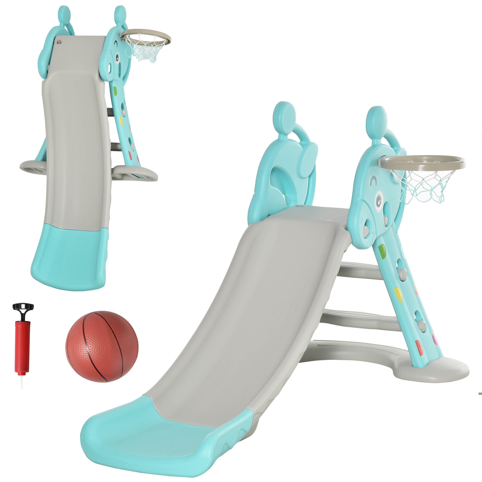 Kids Slide with Basketball Hoop Climbing Ladder for Children +18 months Indoor and Outdoor Use Max Load 20KG dim. 147L x 82W x 85.5H cm Blue and Gray