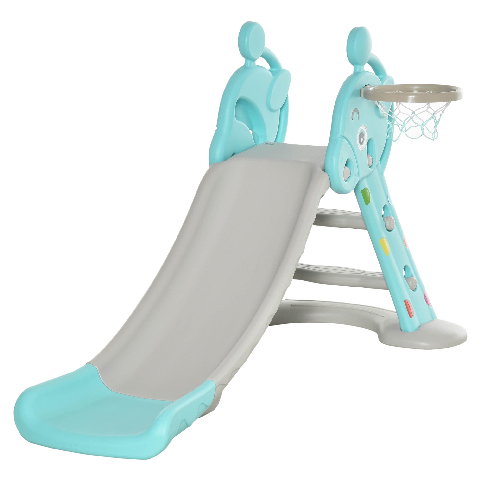 Kids Slide with Basketball Hoop Climbing Ladder for Children +18 months Indoor and Outdoor Use Max Load 20KG dim. 147L x 82W x 85.5H cm Blue and Gray