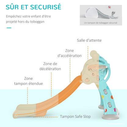 Kids Slide with Basketball Hoop Climbing Ladder for Children +18 months Indoor and Outdoor Use Max Load 20KG dim. 147L x 82W x 85.5H cm Blue and Gray