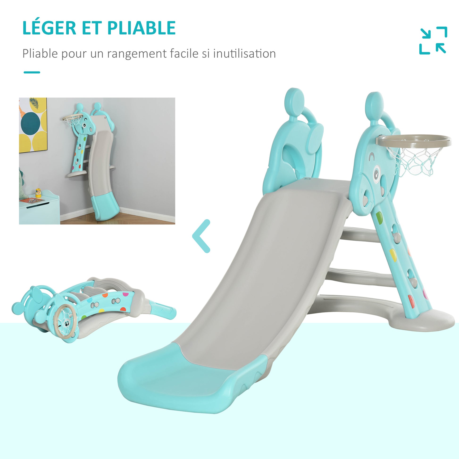 Kids Slide with Basketball Hoop Climbing Ladder for Children +18 months Indoor and Outdoor Use Max Load 20KG dim. 147L x 82W x 85.5H cm Blue and Gray